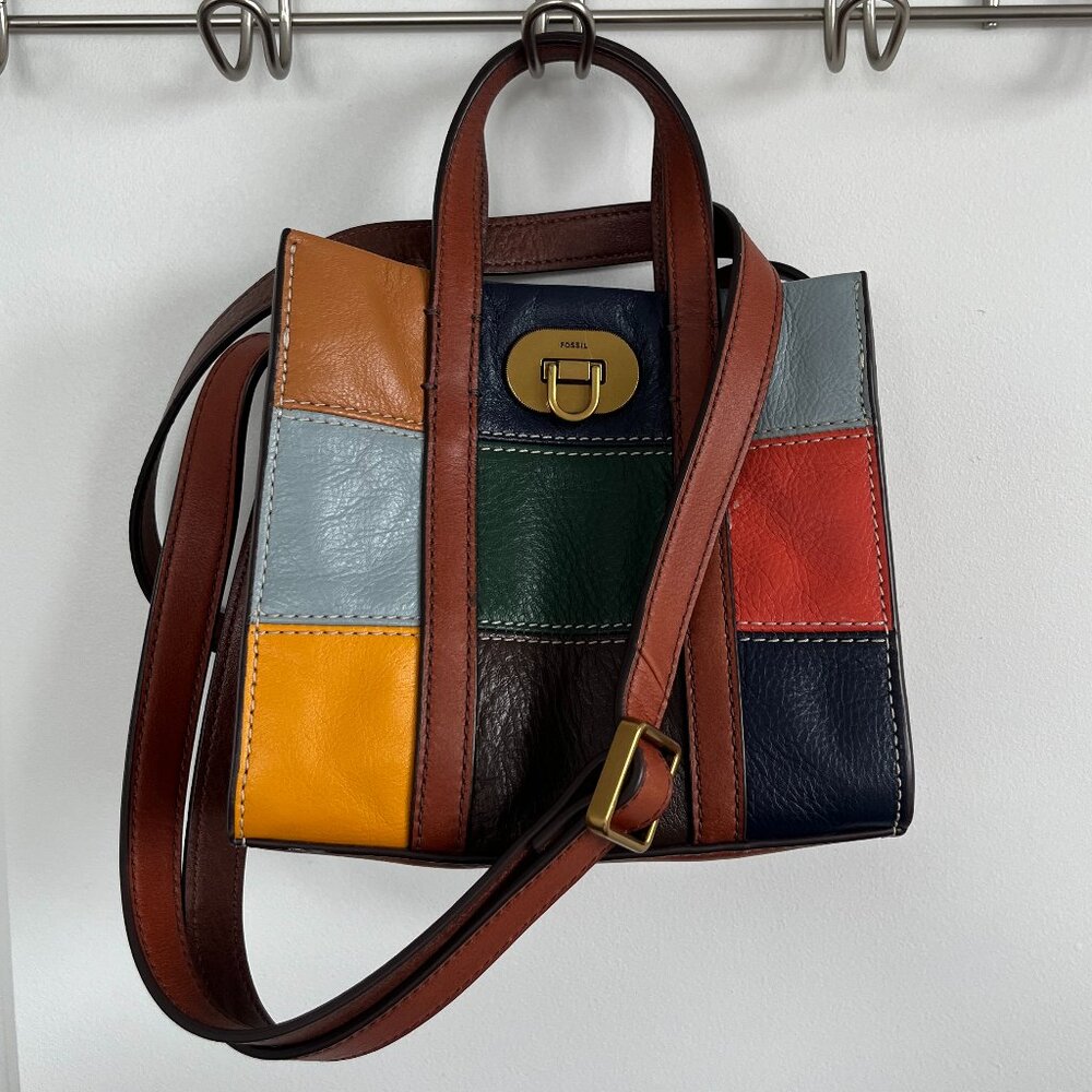 FOSSIL~ Multicolor Leather Crossbody Bag w/ Turnlock & Brass Tone Hardware - Picture 14 of 15